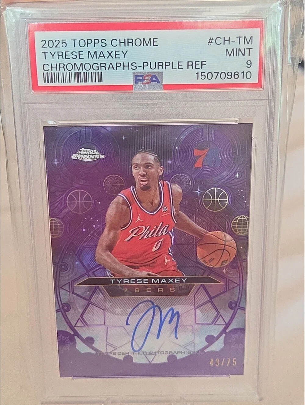 2025-26 Chrome PSA 9 Tyrese Maxey Chromographs 43/75 On Card Auto 76ers #CH-TM